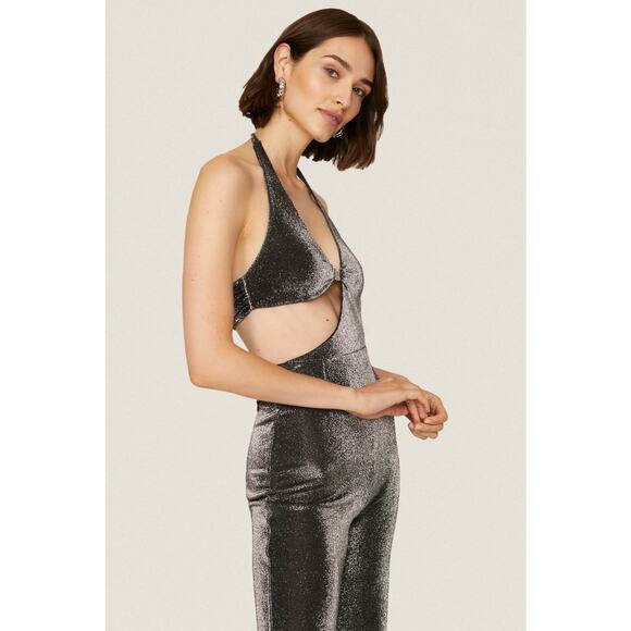 ROTATE Birger Christensen Isha Metallic Black Cut Out Halter V-Neck Jumpsuit 8 - Picture 2 of 15